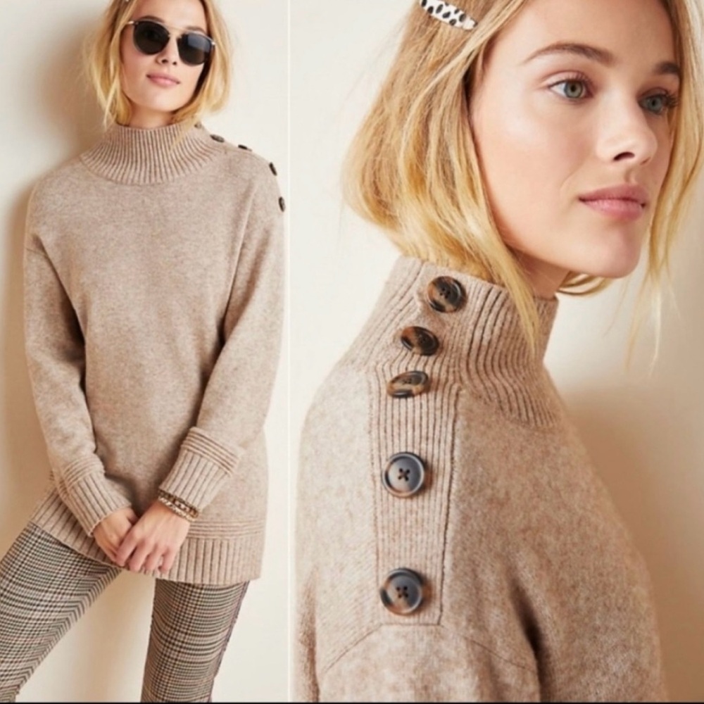 Anthropologie Beige Button-Accent Turtleneck Sweater